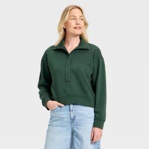 Universal Thread Women's Button-Front Pullover Sweatshirt in dark green